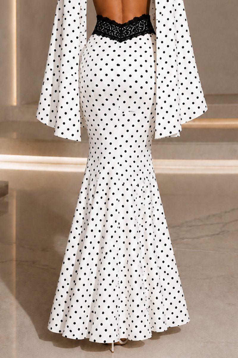 Polka Dot Cape Sleeve Crop Top & Lace Detail Mermaid Maxi Skirt Set