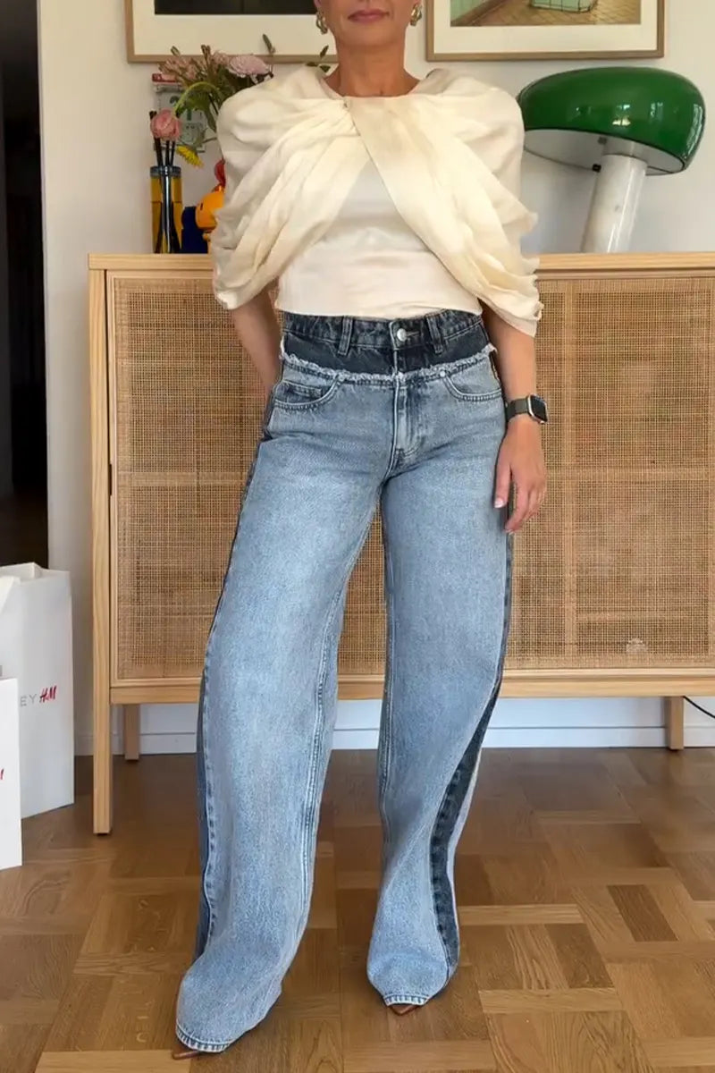Women's Bestseller Fashion Color Block Washed Wide Leg Jeans
