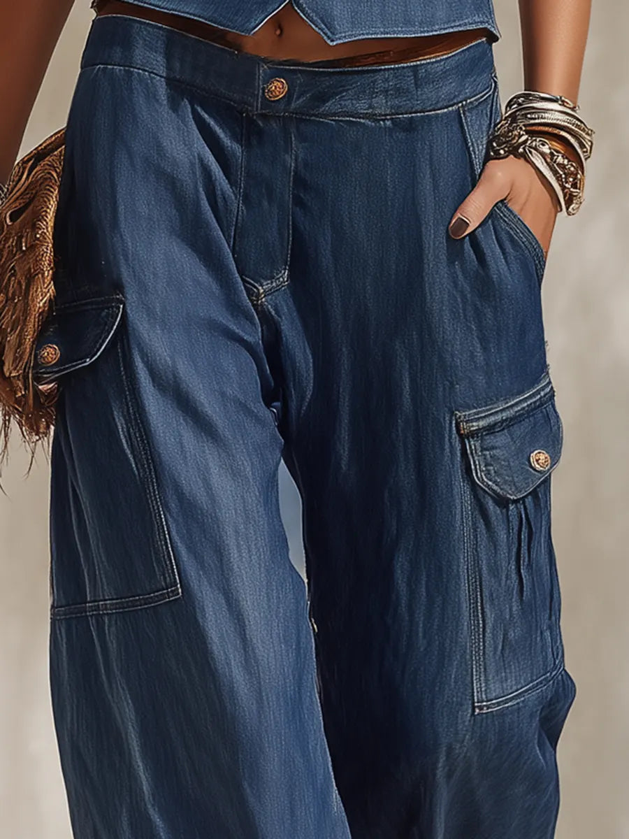 Bohemian Vacation Blue Denim Multi-pocket Jeans