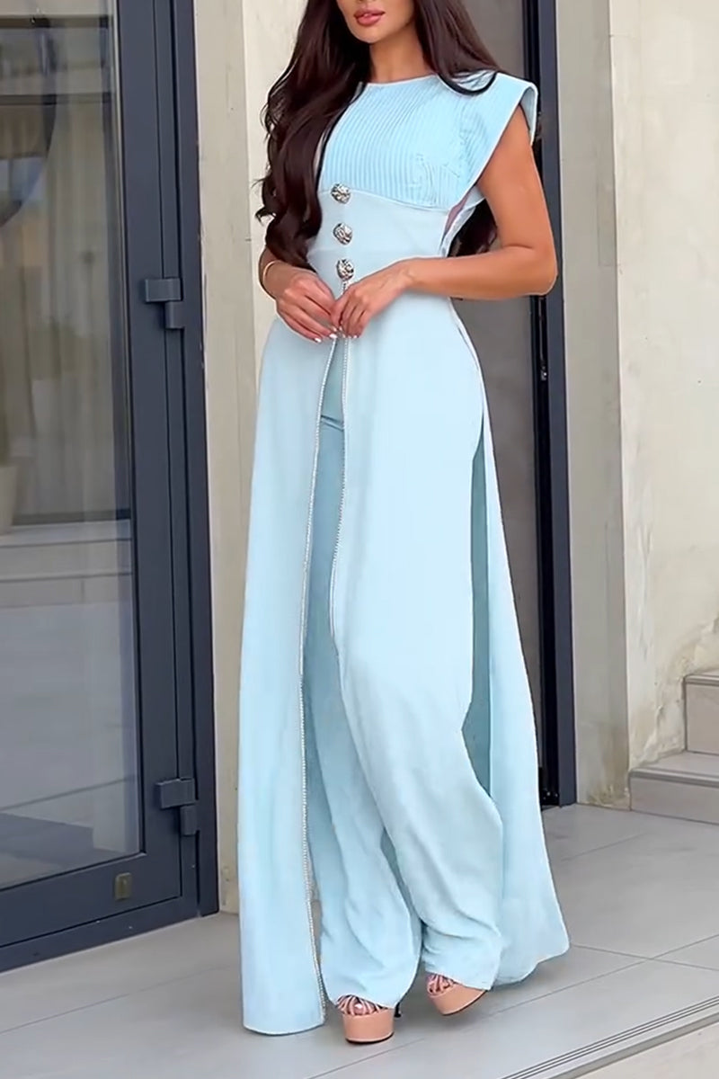 Women's Round Neck Spliced Slit Long Top+ Pants Elegant Temperament Set