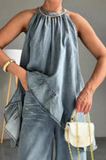 Women'sHalter Ruffle Asymmetrical Top Or Wide Leg Denim Pants