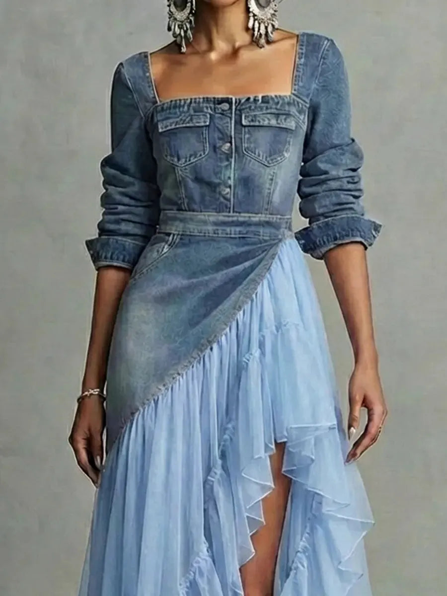 Women's Retro Denim Organza Patchwork Art Casual Maxi Dress