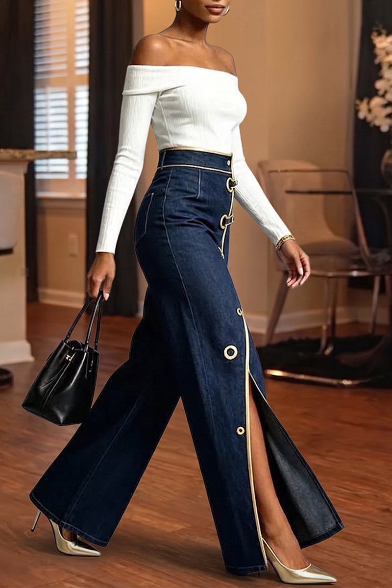 Women's Fashion Asymmetric Slit Metal Hollow-Out Jeans
