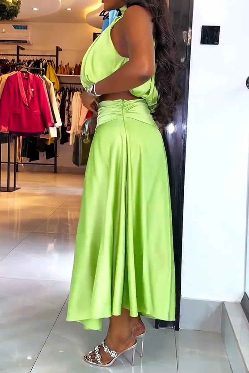 Women Neck Hanging Top + Half Skirt Solid Color Elegant Casual Suit