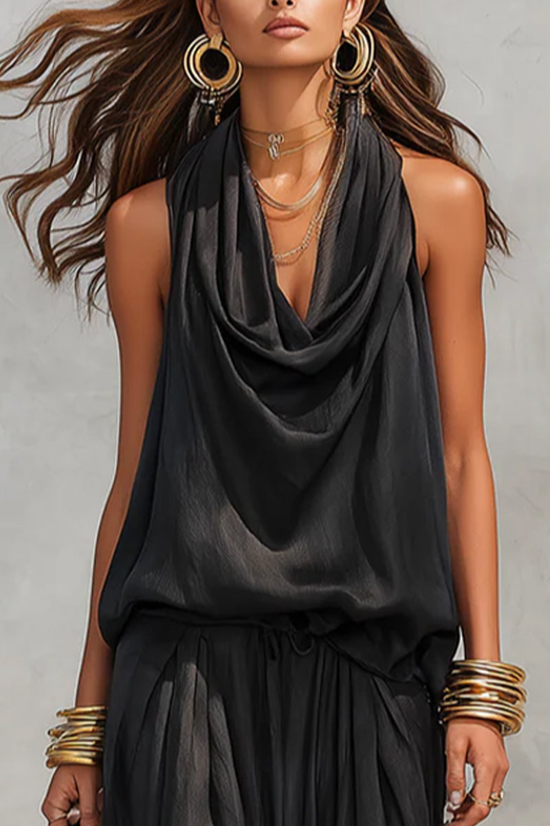 Women's Pure Cotton Vacation Style Monochrome High Neck Vest - And Straight Leg Pantss