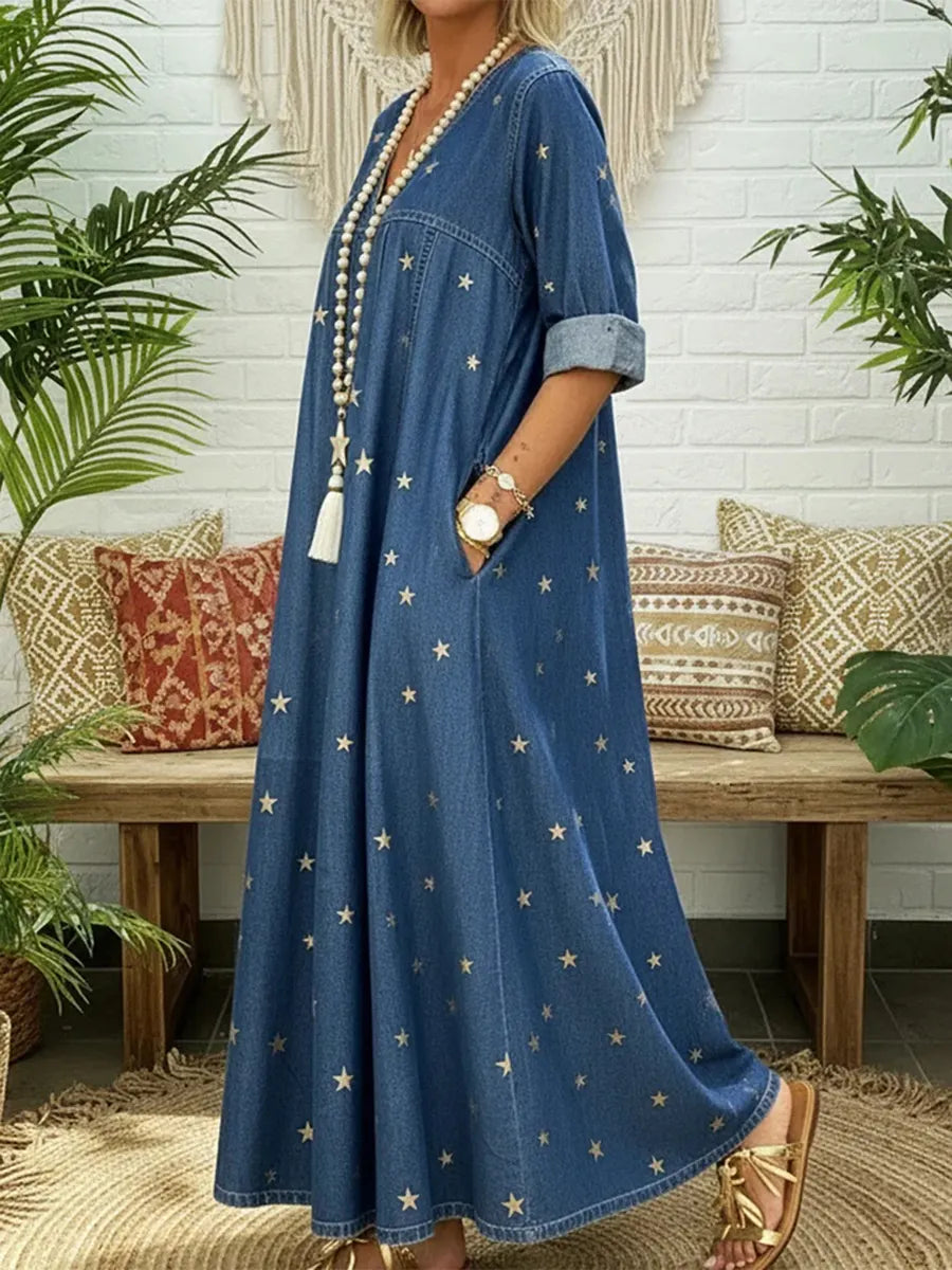 Pleated Pockets Printed Split-Joint A-Line Long Sleeves V-Neck Maxi Dresses