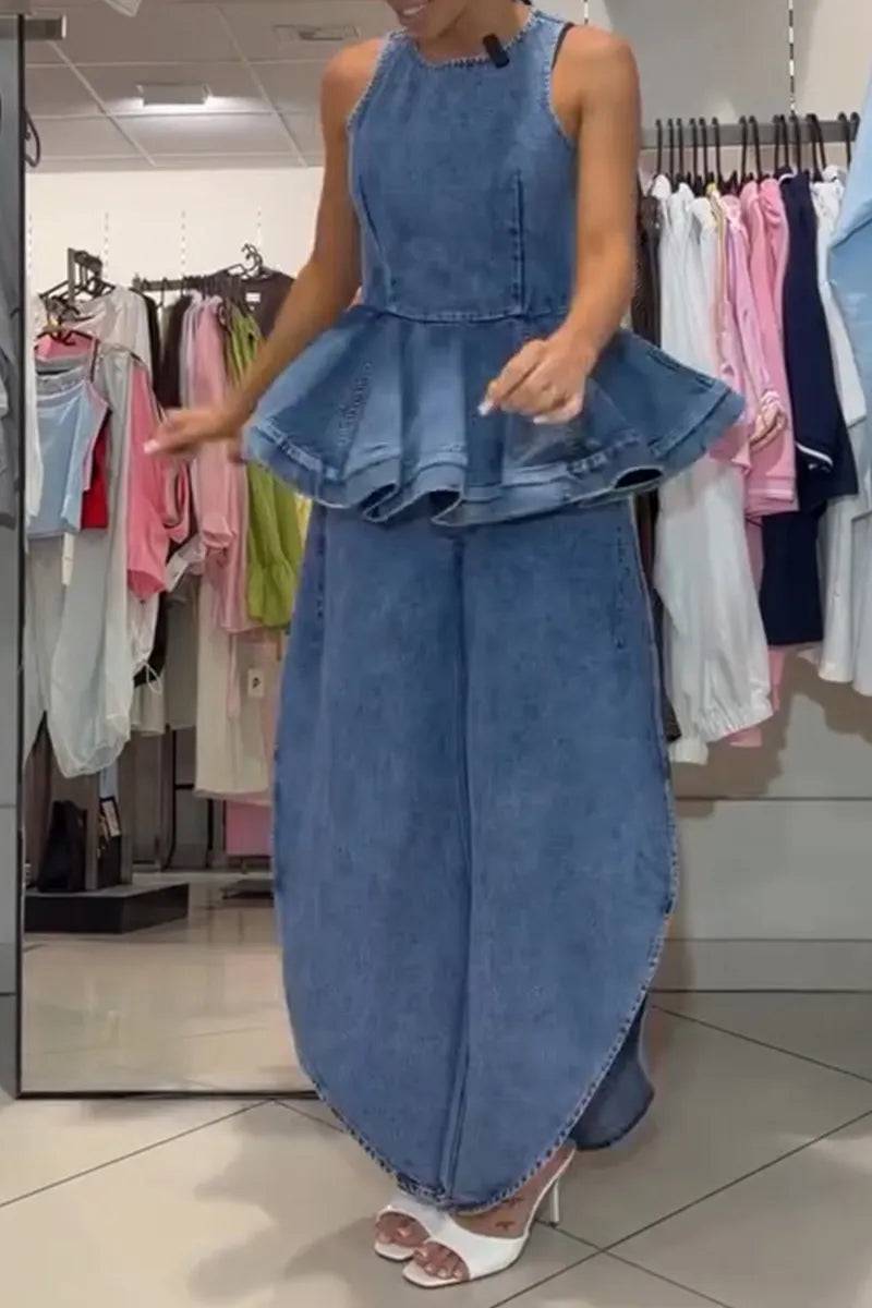 Women's Elegant Ruffle Hem Denim Vest or Curved Cut Slit Jeans