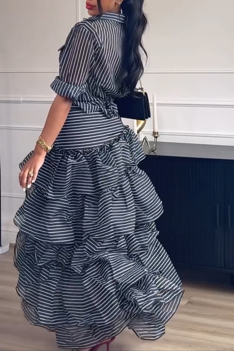 Women's Collar Vertical Striped Shirt or Patchwork Multi-layered Irregular Elegant Casual Half Skirt