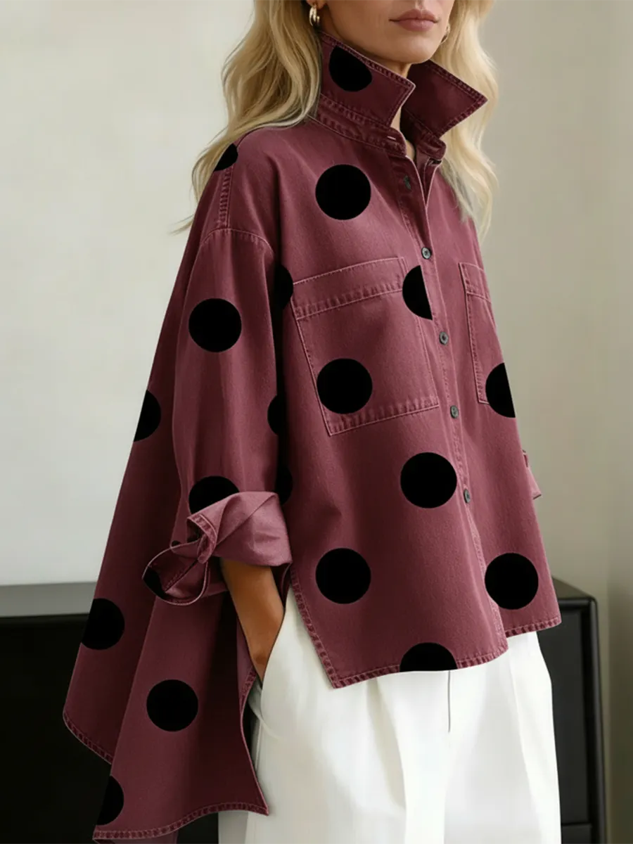 Elegant Artistic Polka Dot Print Stand-collar Cotton Top