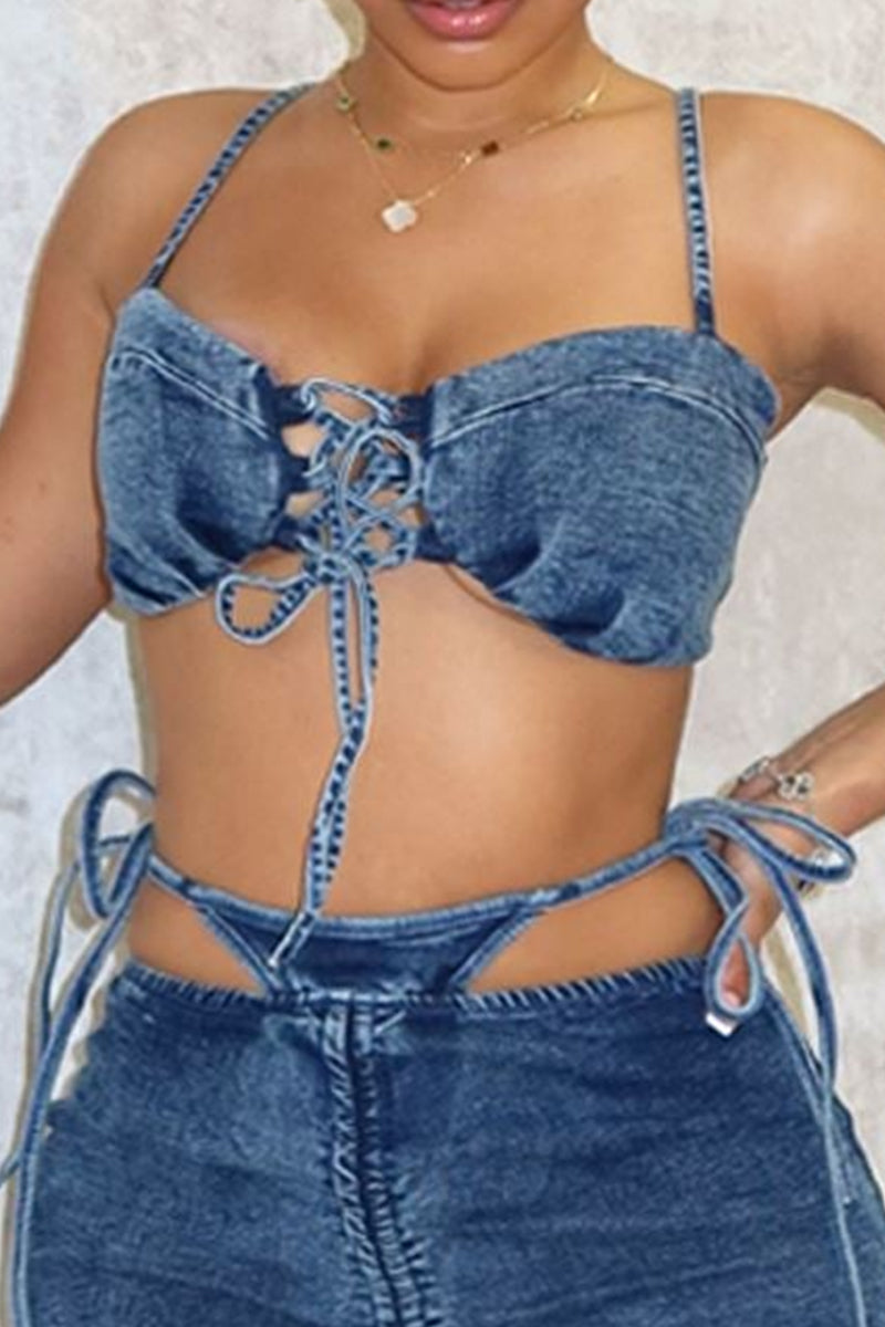 Women's Sexy Lace Up Denim Camisole Top Or Lace Up Cropped Denim Skirt Fitted Hip Hugging