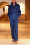 Women's Collar Patchwork Back Hollow Out Temperament Casual Denim Jumpsuit