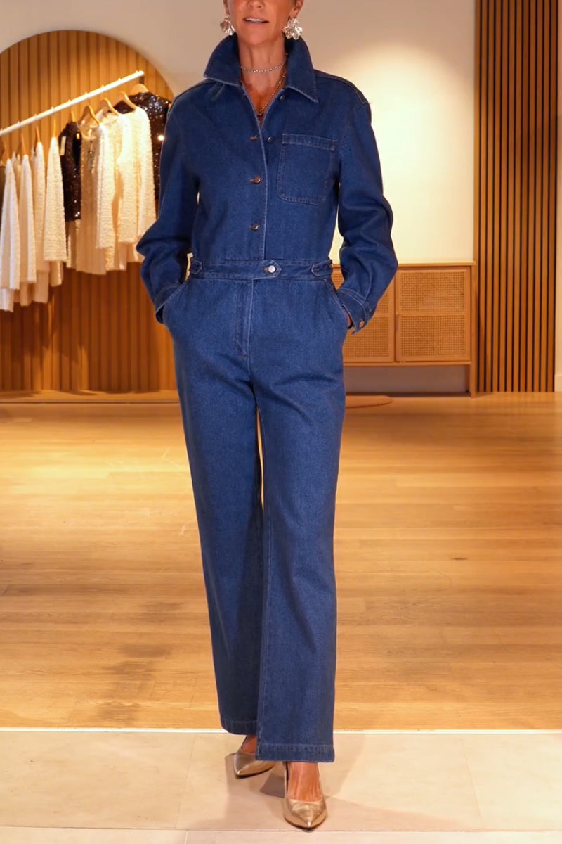 Women's Collar Patchwork Back Hollow Out Temperament Casual Denim Jumpsuit
