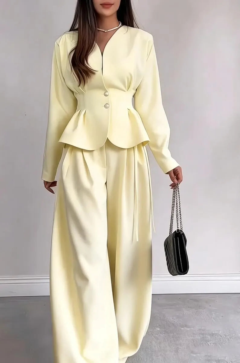 Women's V-neck Waist Cinched Jacket+ Pants Casual Suit with Temperament