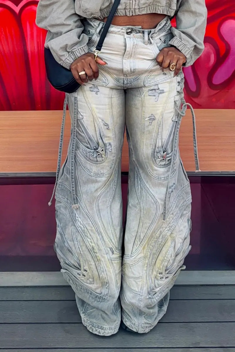 Women Wide-Leg Denim Casual Pants with Heavy-Duty Wash Finish