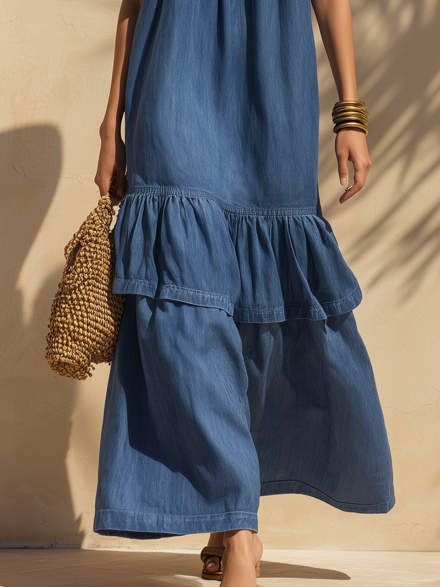Elegant Bohemian Ruffled Sleeveless Denim Maxi Dress