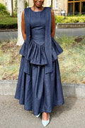Women's Casual Double Layer Flounce Hem Denim Dress