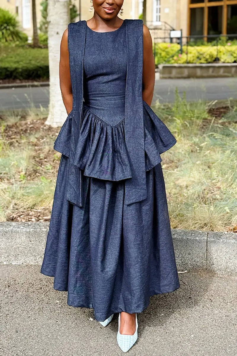 Women's Casual Double Layer Flounce Hem Denim Dress