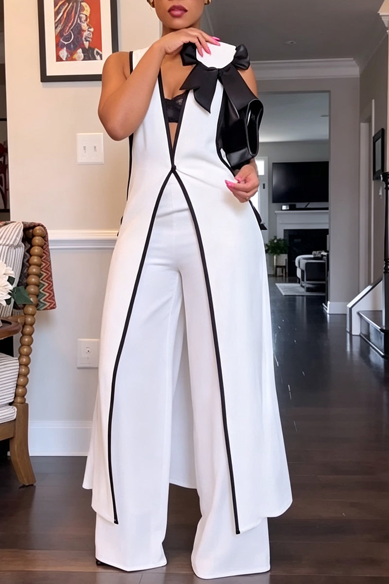 Women's Fashion Color Block Fabric Edge Vest Pants Two-Piece Set