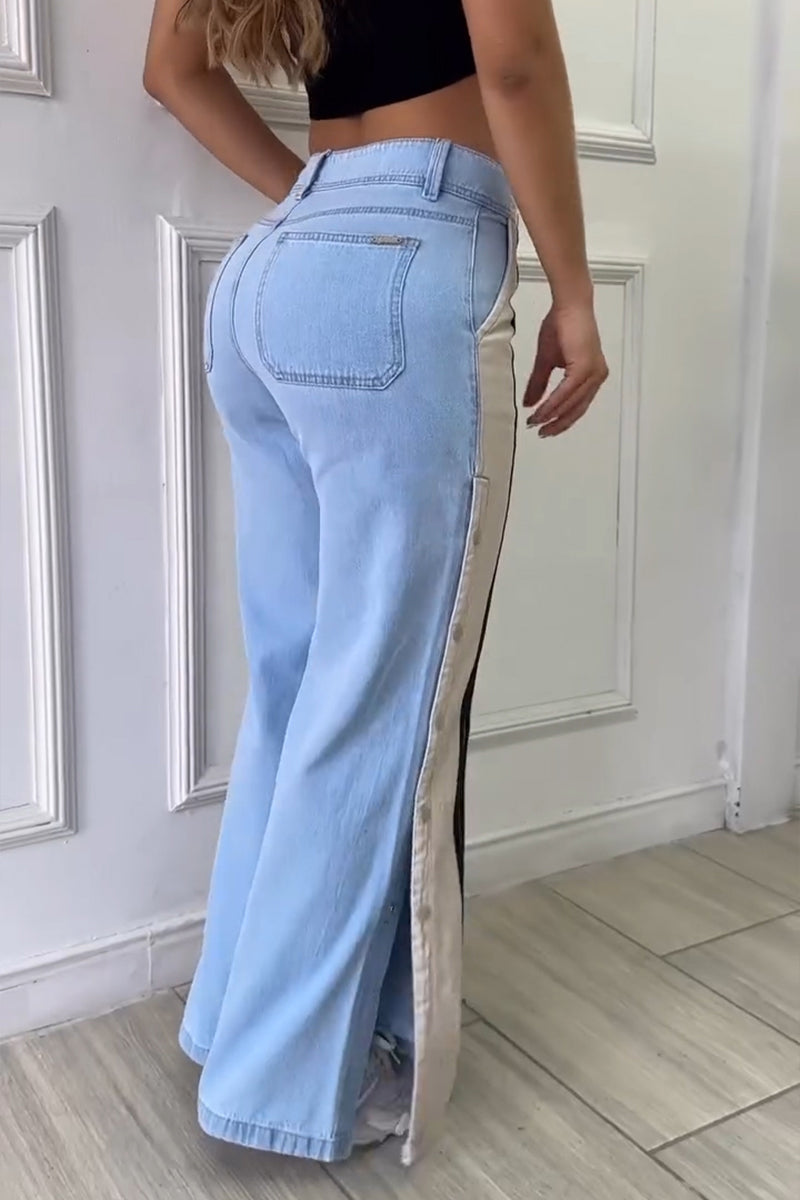 Women's Casual Side Button Color Block Jeans