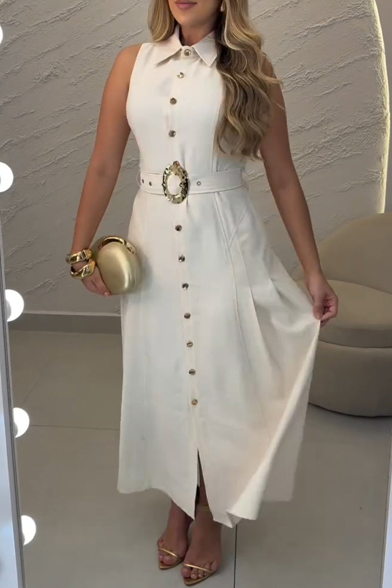 Women's Casual Button Sleeveless Midi Dress with Belt