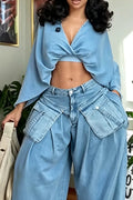 Women's Fashion Batwing Sleeve Short Denim Top or 3D Pocket Jeans