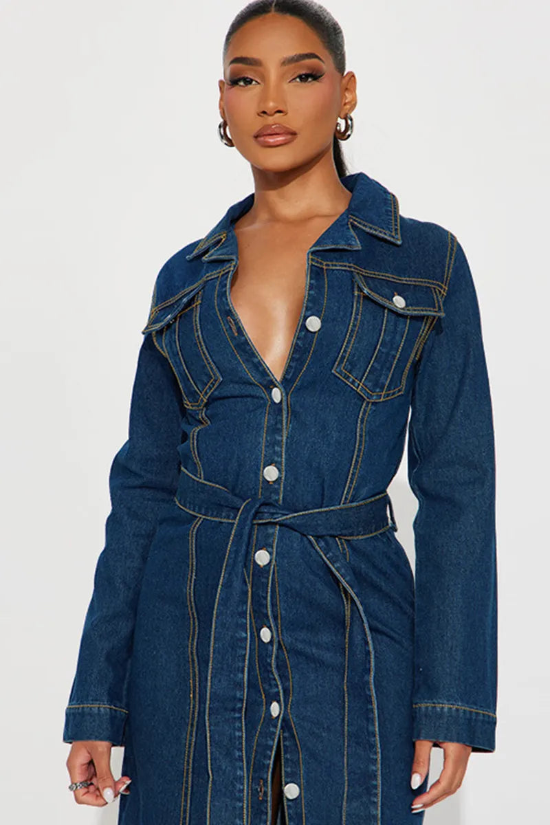 Women's Versatile Stretch Denim Midi Dress