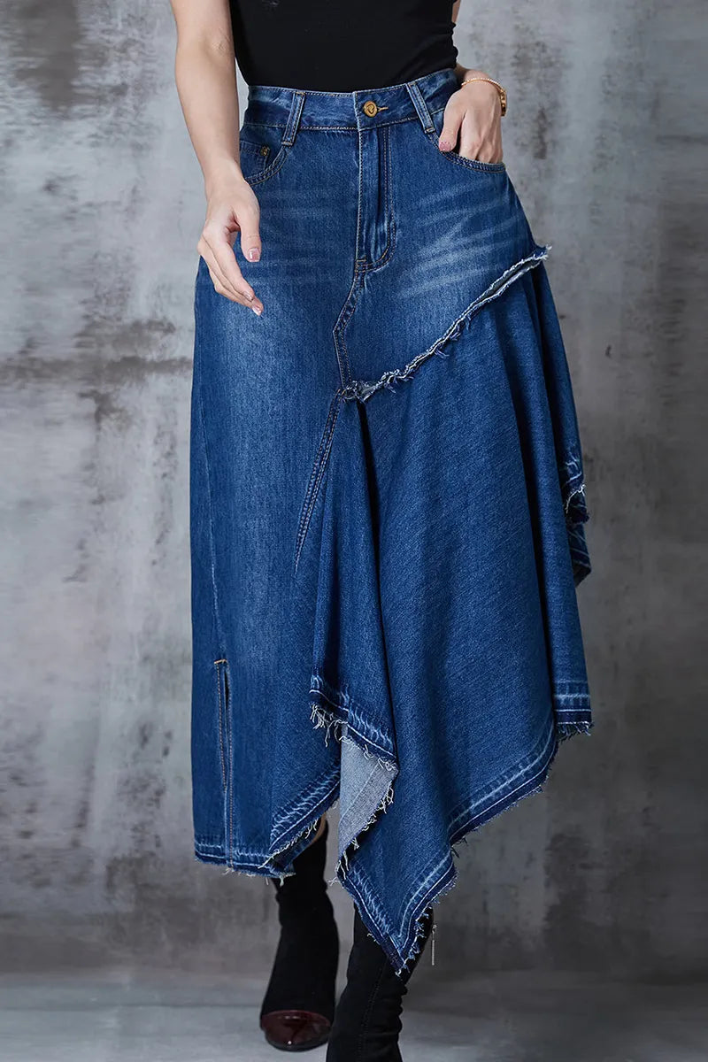 Women Vintage Wash Deconstructed Patchwork Hanky Hem Denim Skirt