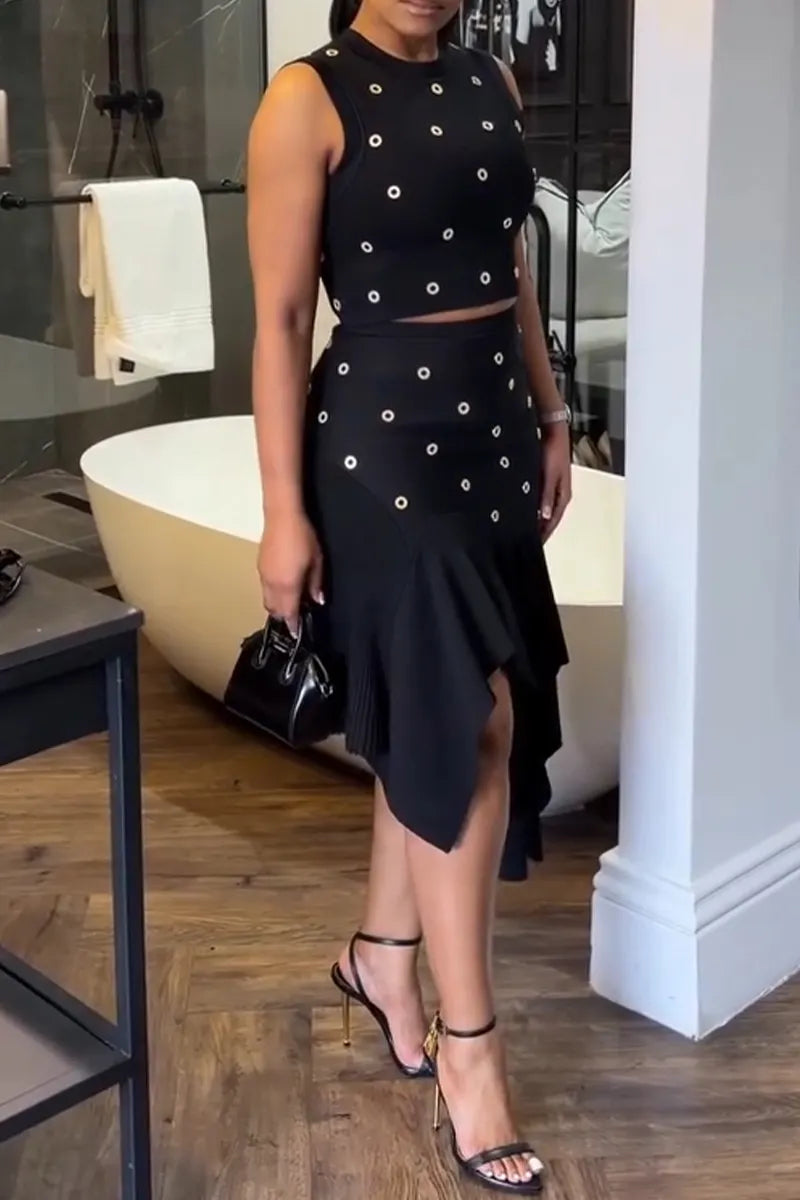 Women's Fashion Metal Cut Out Decoration Top Asymmetric Hem Skirt Two Piece Set