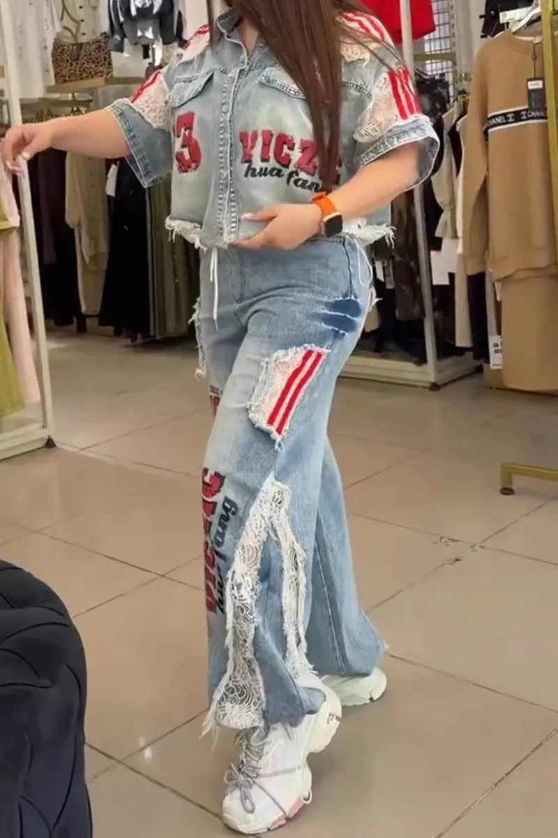 Women's Casual Letter Print Lace Panel Denim Jacket or Jeans