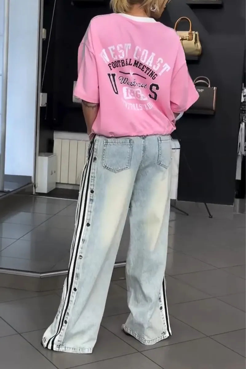 Women Round Neck Spliced Denim Top or Washed Denim Jeans