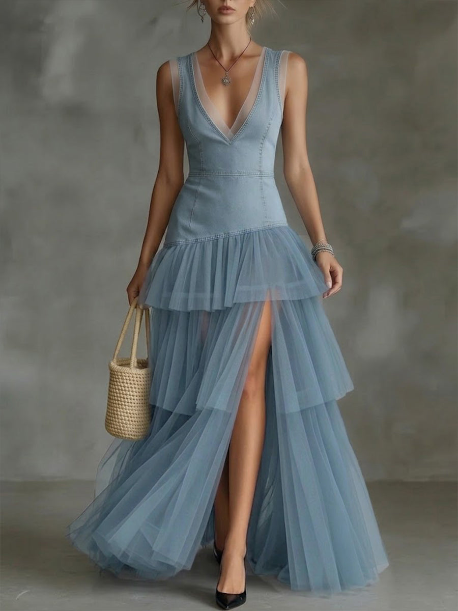 Stylish And Elegant Spliced mesh Denim Dress