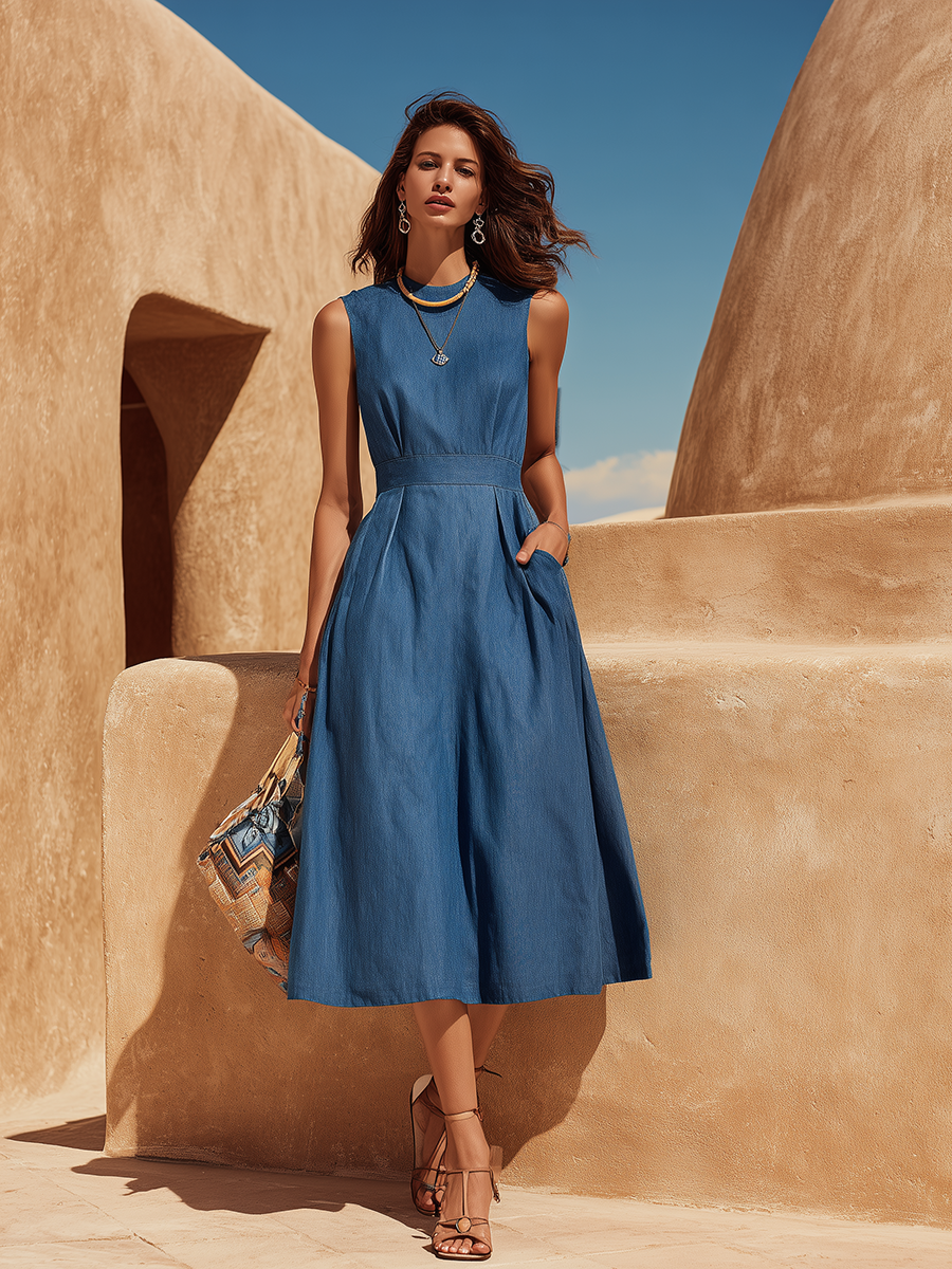Vacation-Style Crew Neck Sleeveless Denim Midi Dress