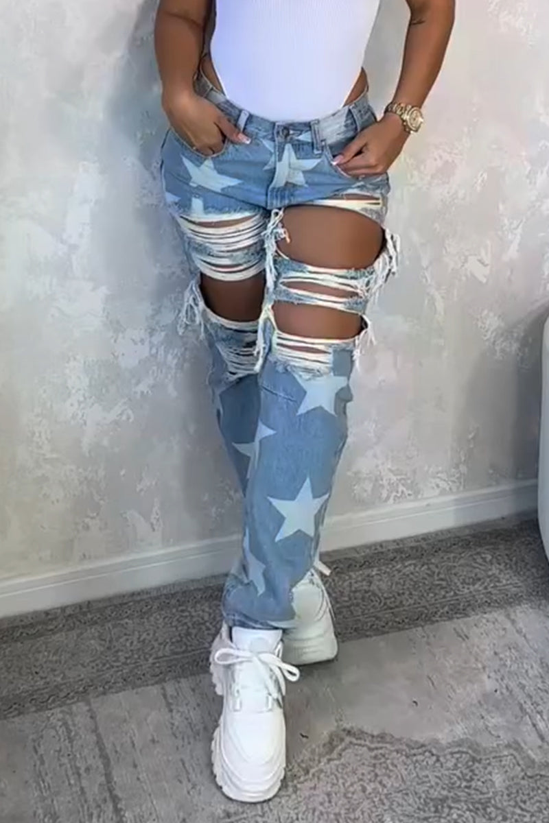Women's Pentagram Printed Ripped Casual Jeans