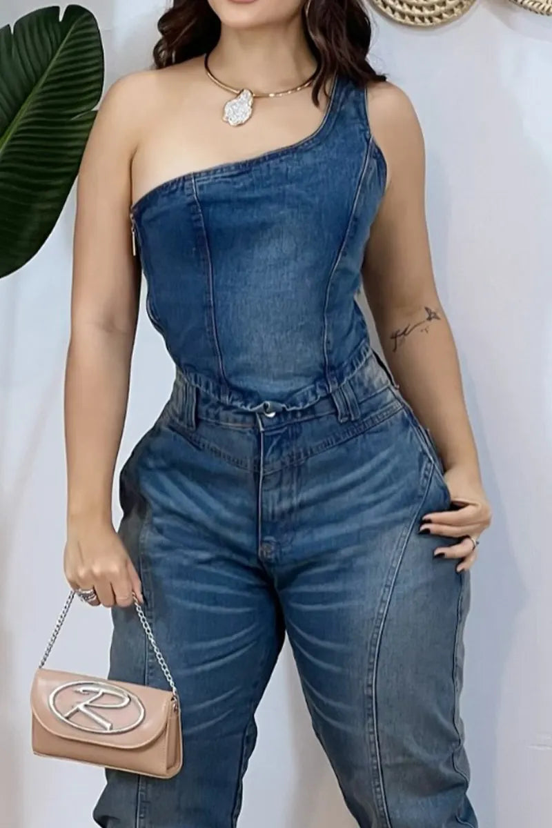 Women's Denim One-Shoulder Corset Top & High-Waisted Pants