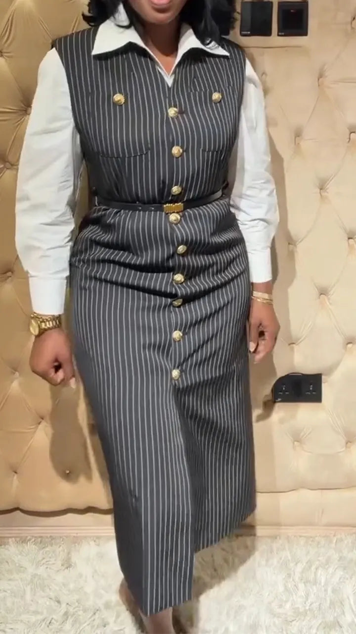 Women V-neck Sleeveless Breasted Vertical Stripe Elegant Temperament Dress
