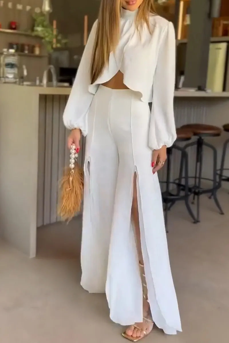 Women's Round Neck Irregular Top+ Slit Pants Solid Color Casual Suit
