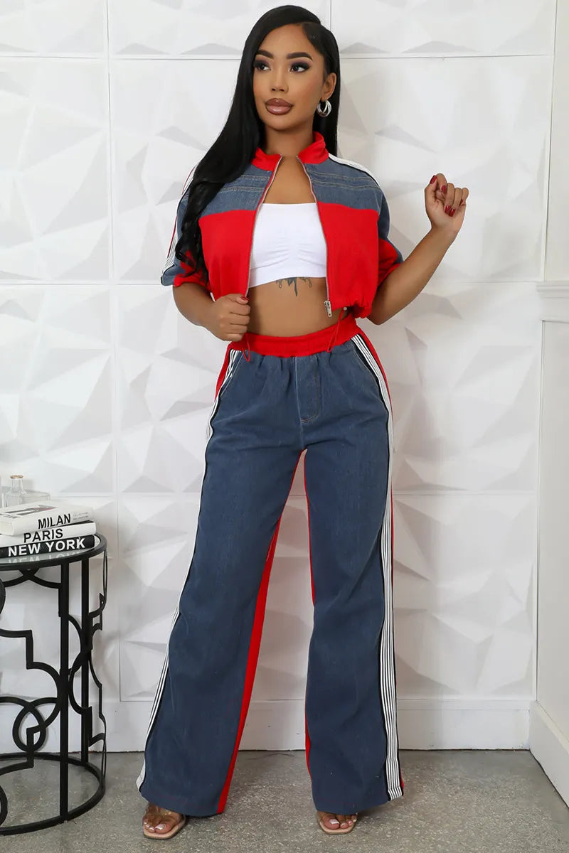Women's Denim Patchwork Stand Collar Top & Color Block Pants Set