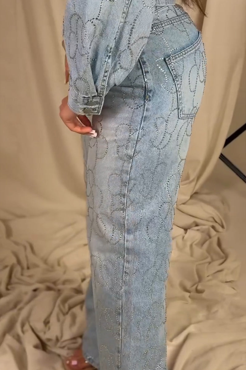 Women's Fashion Pattern Rhinestone Short Denim Jacket or Jeans