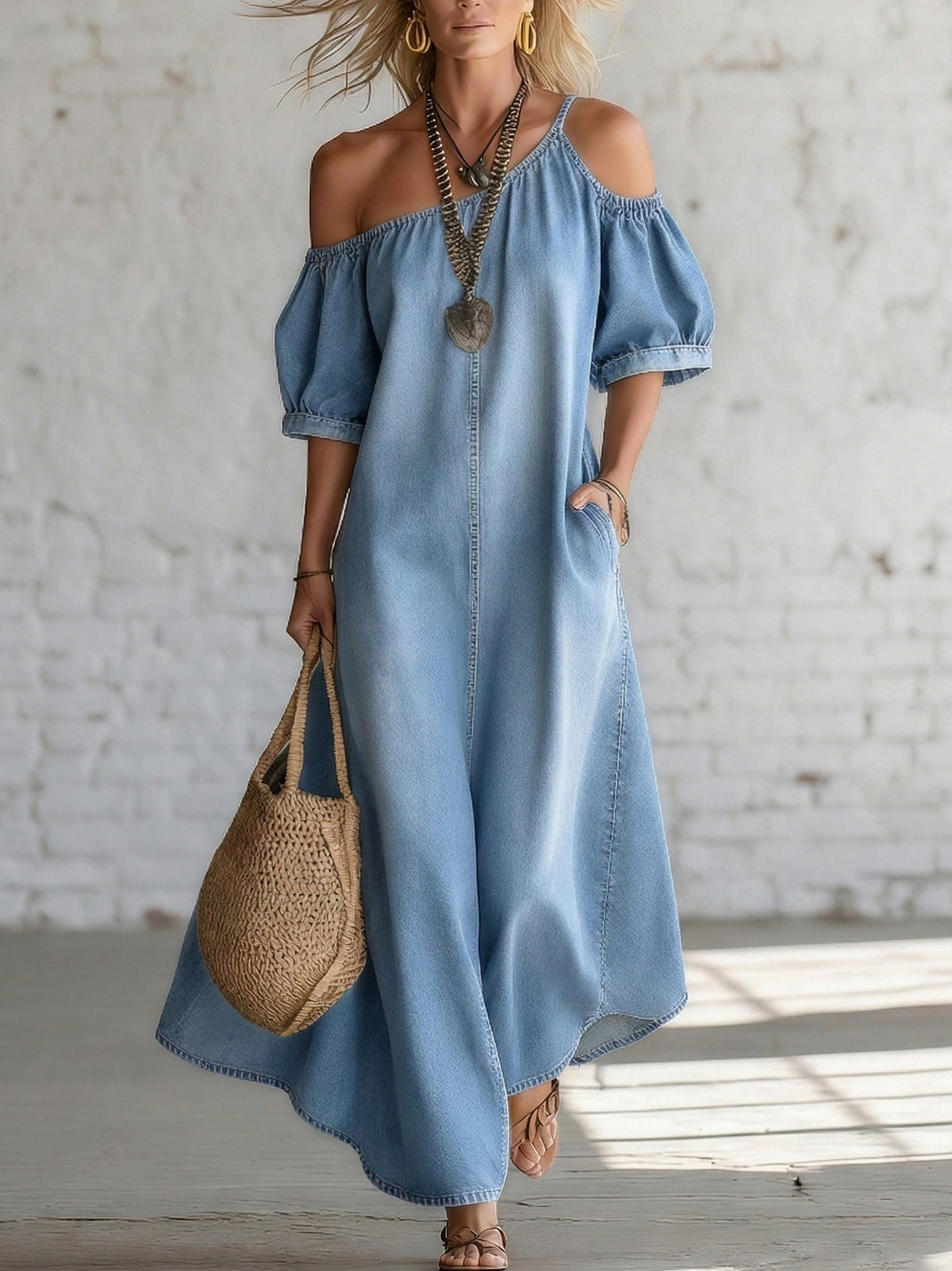 Elegant Off-shoulder Slit Hem Denim Maxi Dress