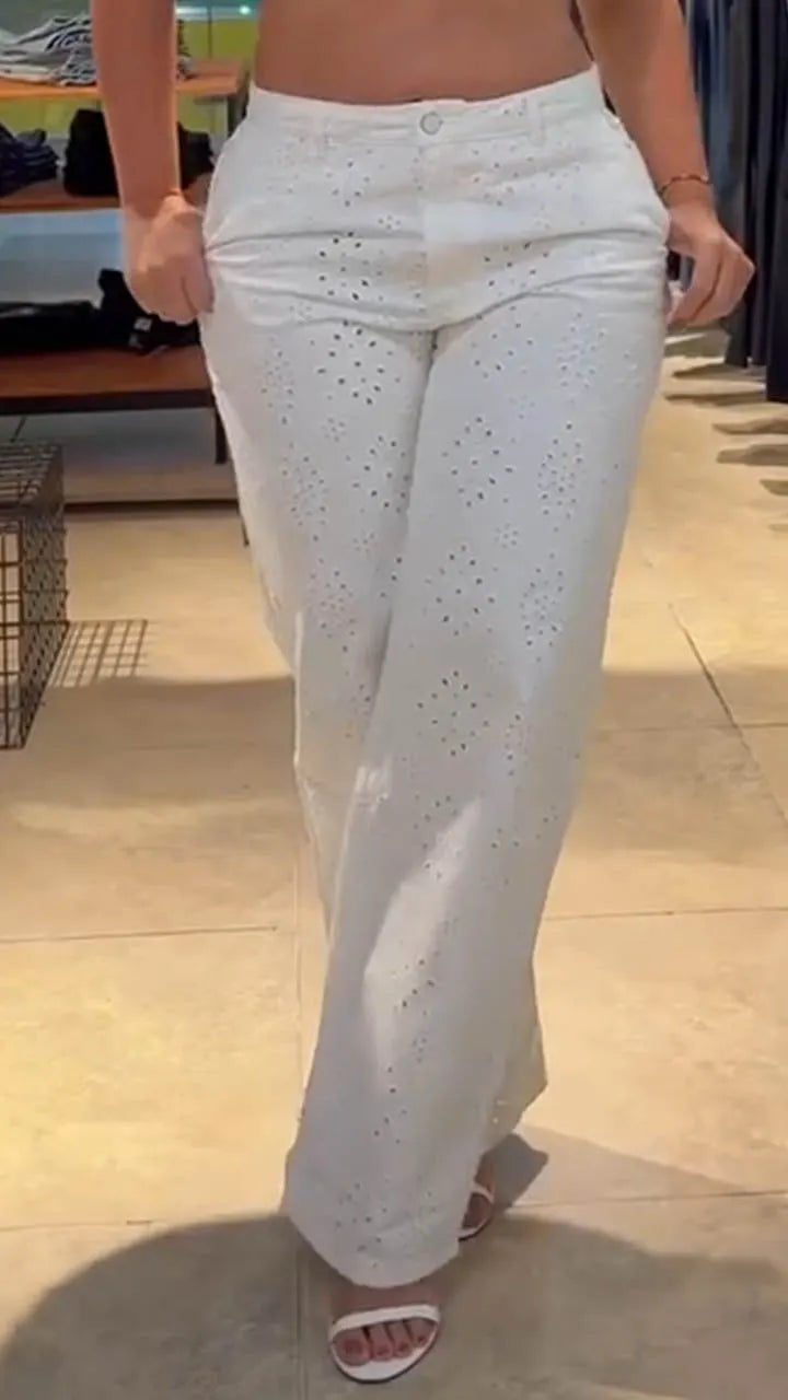 Women Pattern Hollowed Out Casual Pants