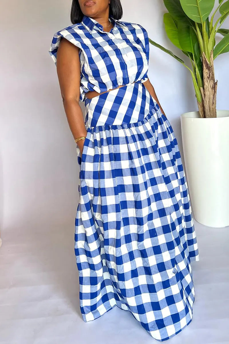 Women's Collar Plaid Top+ Half Skirt Elegant Casual Set