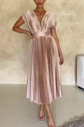 Women's Deep V-neck Cinched Waist Pleated Elegant Temperament Dress