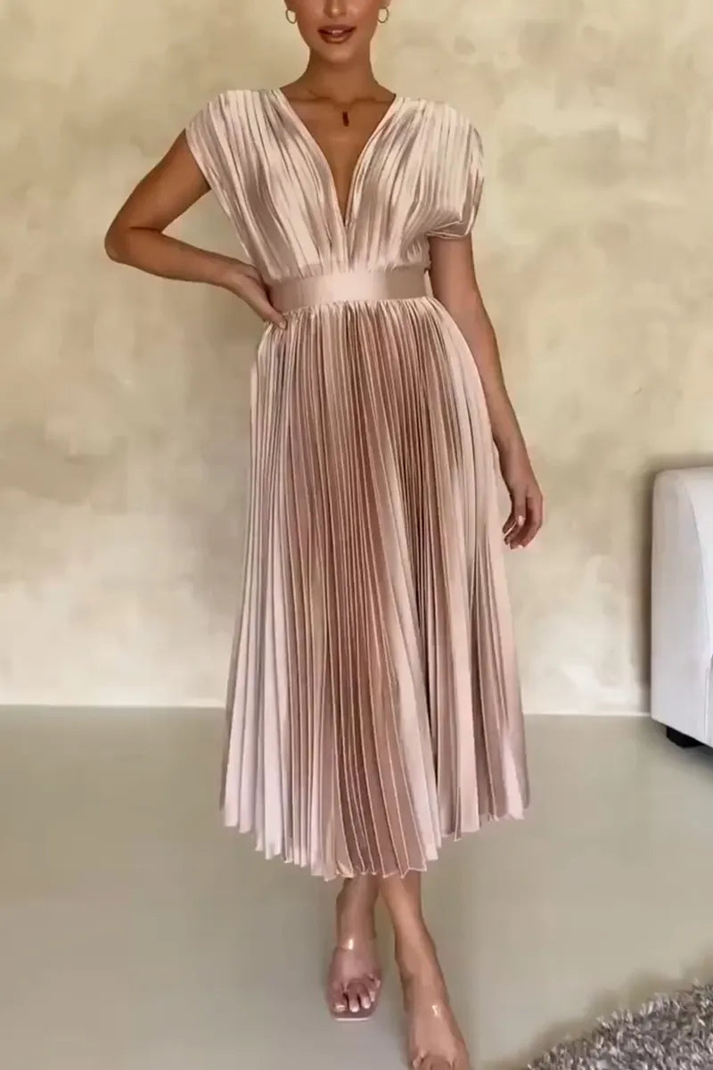 Women's Deep V-neck Cinched Waist Pleated Elegant Temperament Dress