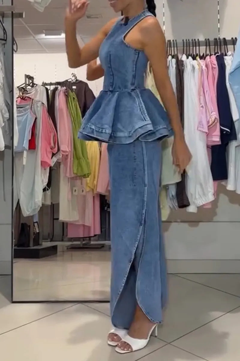 Women's Elegant Ruffle Hem Denim Vest or Curved Cut Slit Jeans