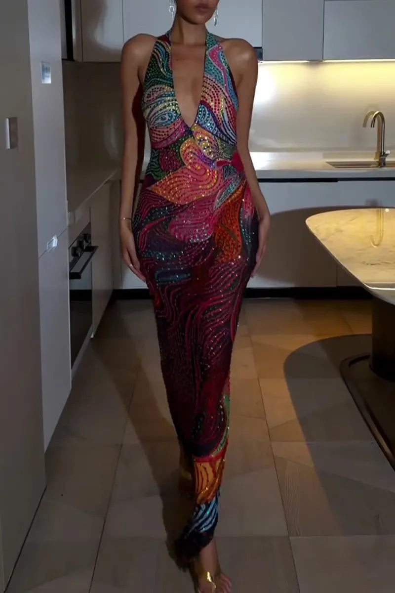 Women's Elegant Pattern Shiny Rhinestone Party Maxi Dress