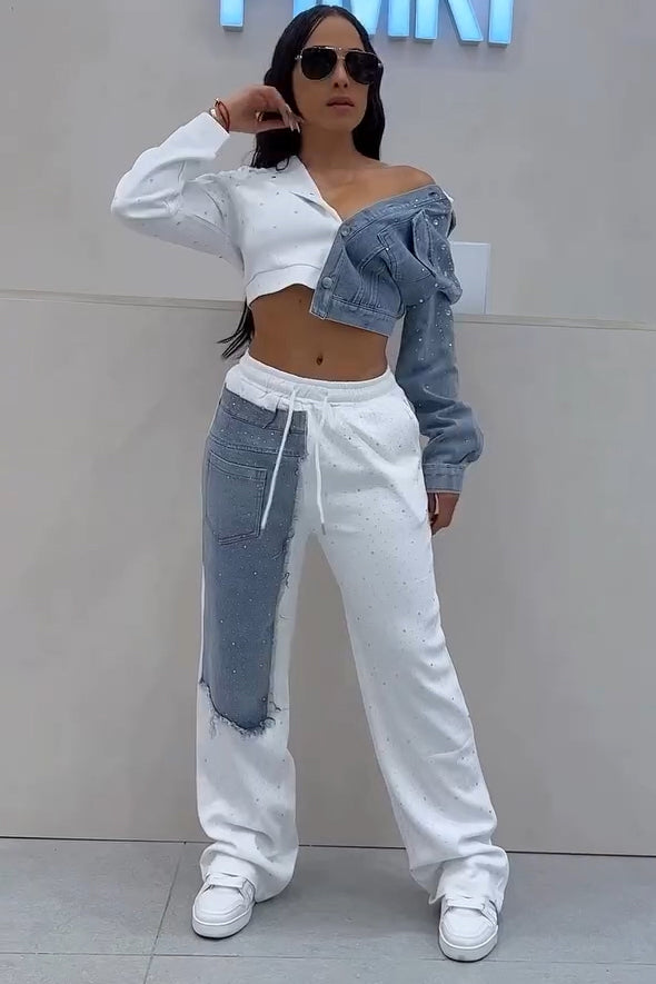Fashion Hotfix Rhinestone Denim Panel Hooded Jacket + Casual Pants