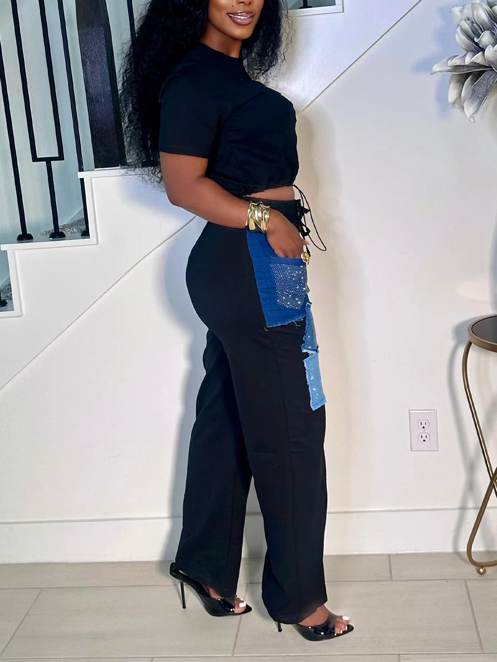 Women's Casual Black Crop Top or  Pants Set with Denim Rhinestone Patches