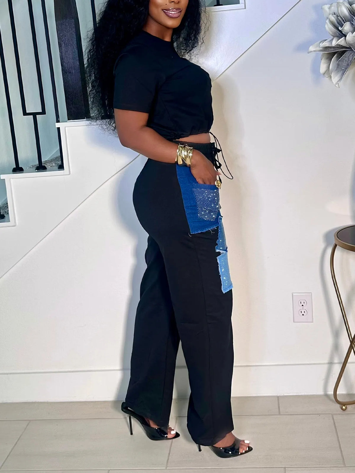 Women's Casual Black Crop Top or  Pants Set with Denim Rhinestone Patches