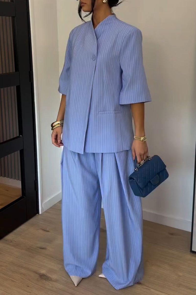 Women's Simple Urban Short Sleeve Stripe Blazer Pants Two-Piece Set