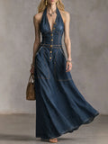 Stylish Slim Fit Sleeveless Denim Maxi Dress